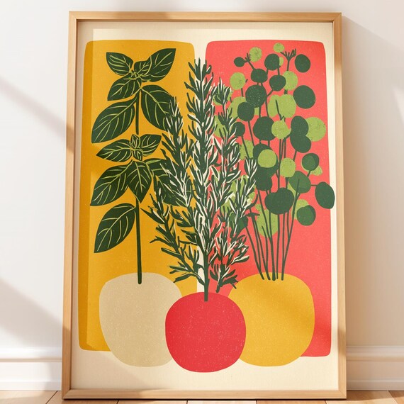 Retro Botanical Herb Pots Basil Rosemary Warm Kitchen Art Poster
