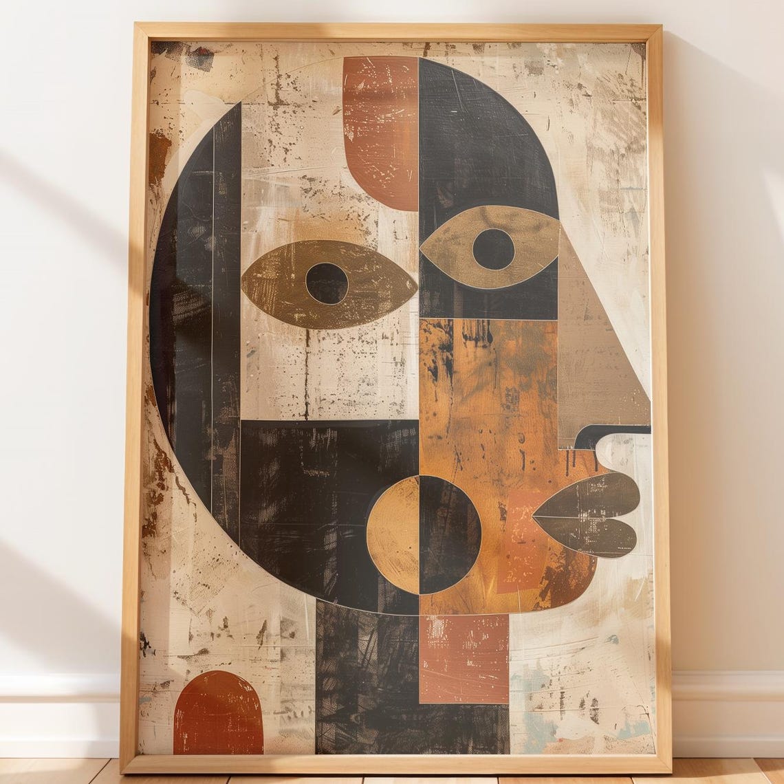 Cubist Geometric Face Earthy Tones Modern Abstract Art Poster