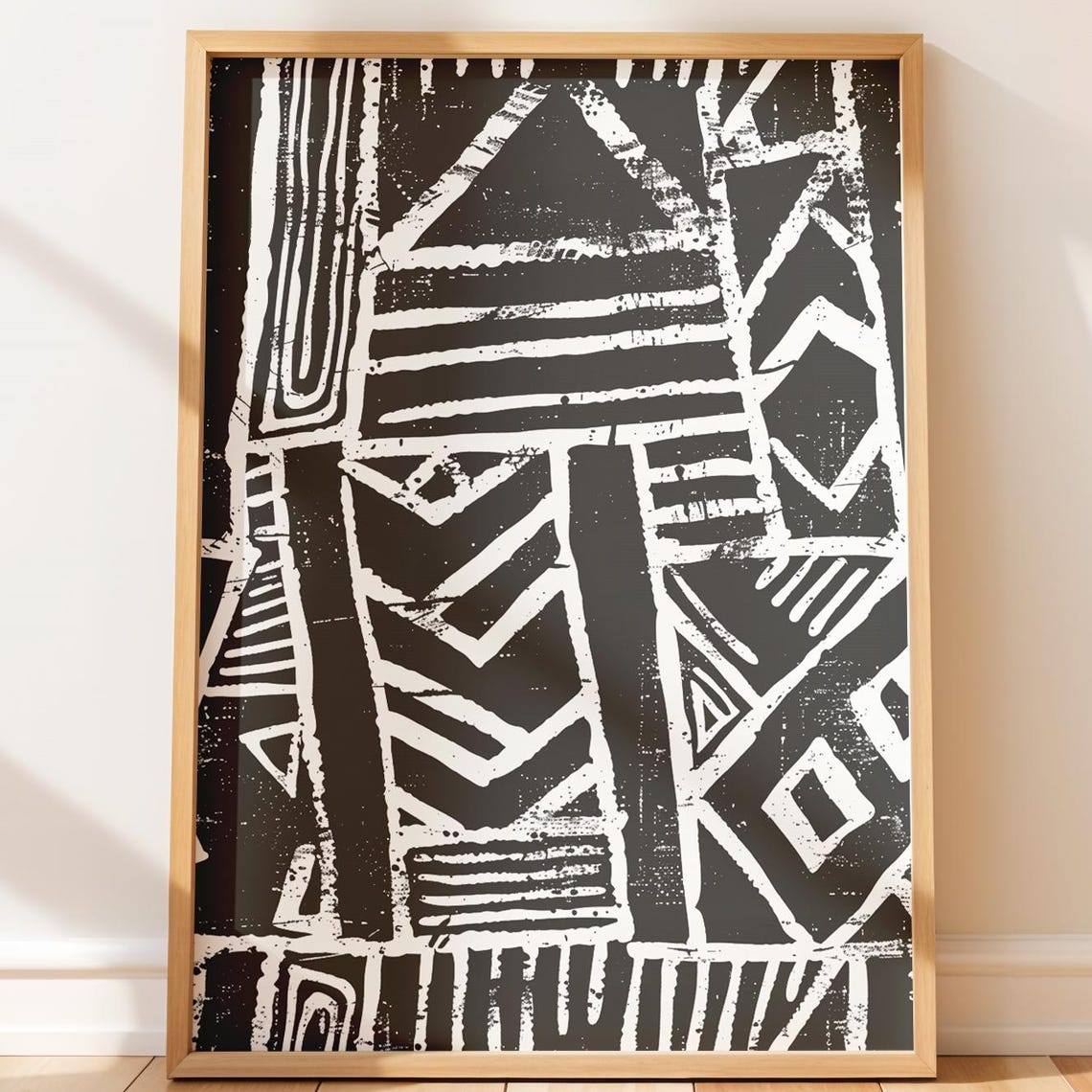 Tribal Geometric Black White Distressed Ethnic Pattern Poster