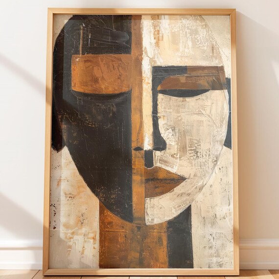 Textured Split Face Primitive Modern Earthy Abstract Portrait Poster