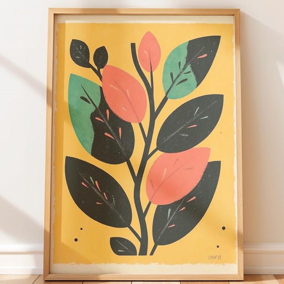Organic Overlapping Leaves Print Modern Botanical Wall Art Retro Inspired Minimalist Decor Warm Color Palette Mid Century