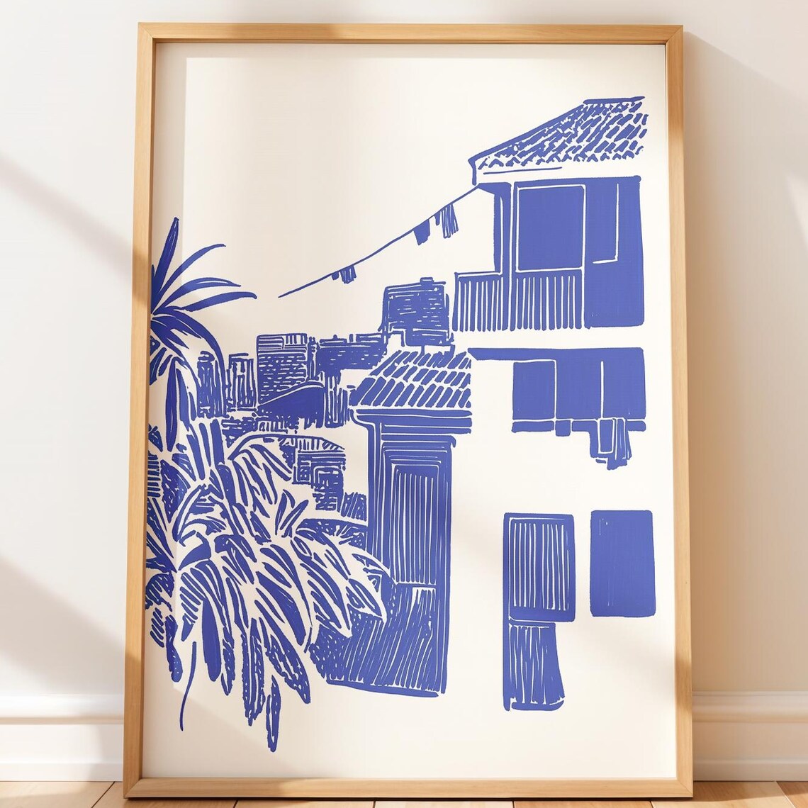 Blue White Mediterranean Village Line Art Coastal Laundry Poster