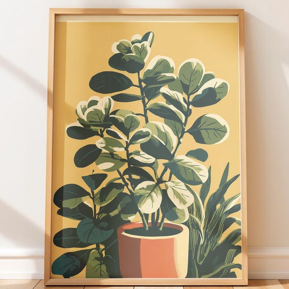 Stylized Modern Potted Houseplant Print Minimalist Botanical Art Cozy Retro Decor Bold Color Blocking Mid Century Illustration
