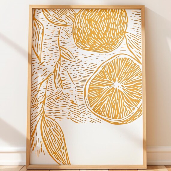 Golden Yellow Lemons Sliced Linocut Citrus Kitchen Art Poster