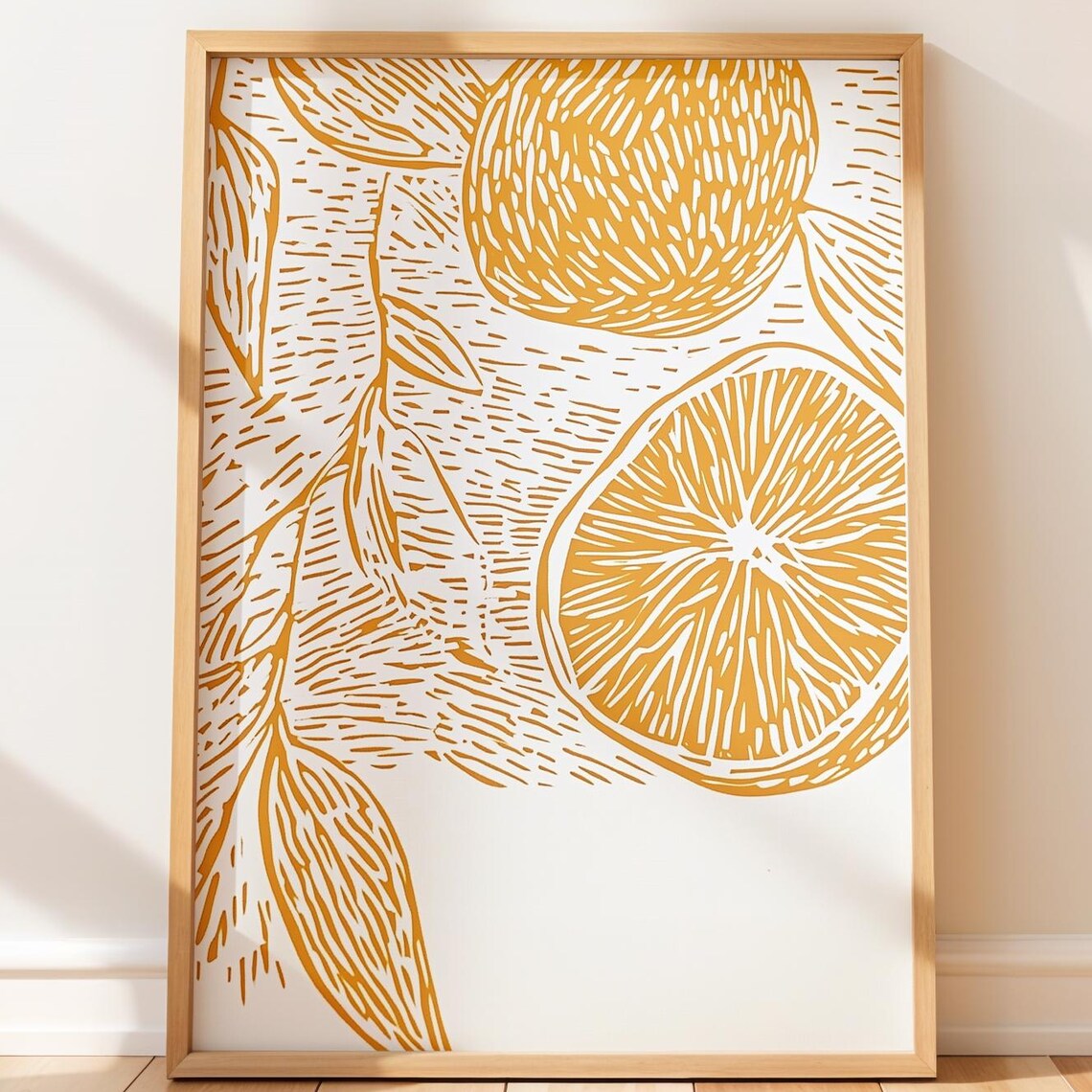 Golden Yellow Lemons Sliced Linocut Citrus Kitchen Art Poster