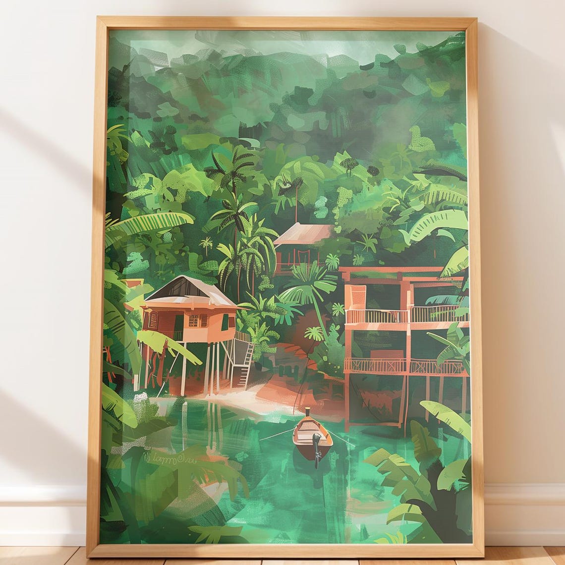 Emerald Jungle River Stilt Huts Longboat Tropical Rainforest Poster