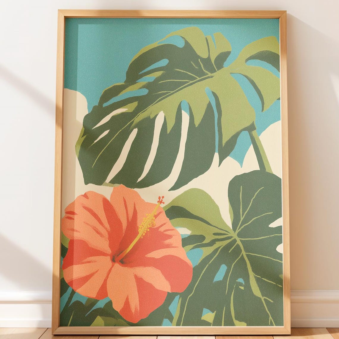 Tropical Monstera And Hibiscus Leaves Wall Art Bright Botanical Decor Bold Retro Illustration Mid Century