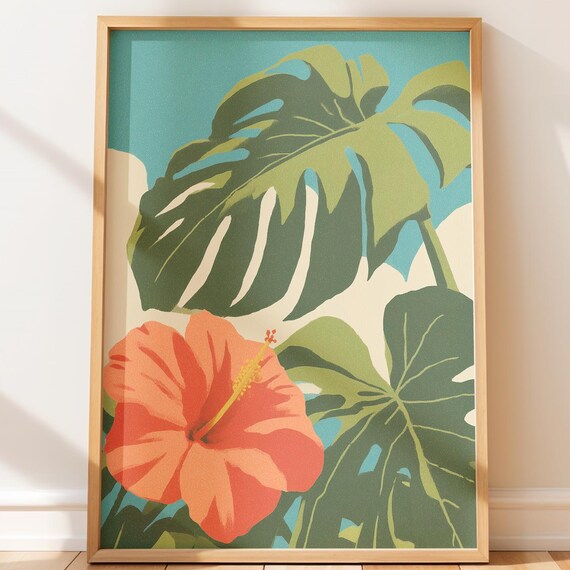 Tropical Monstera Leaves And Coral Hibiscus Botanical Wall Art