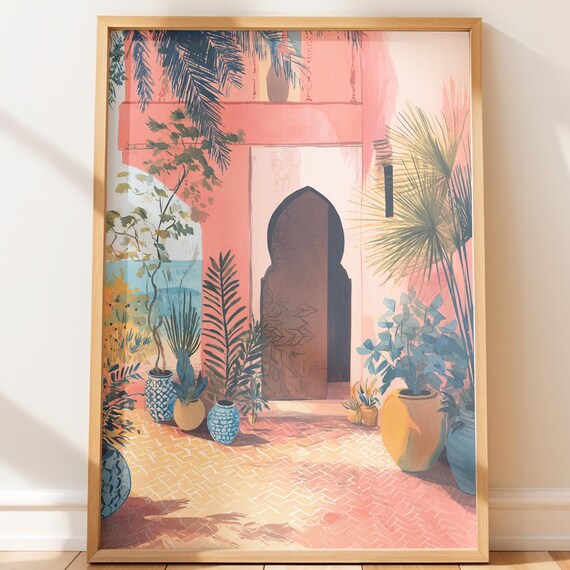 Sunlit Moroccan Courtyard Coral Archway Doorway Travel Art Print