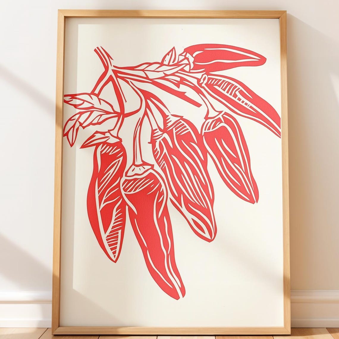 Red Chili Peppers Bold Minimalist Red Line Art Kitchen Decor Poster