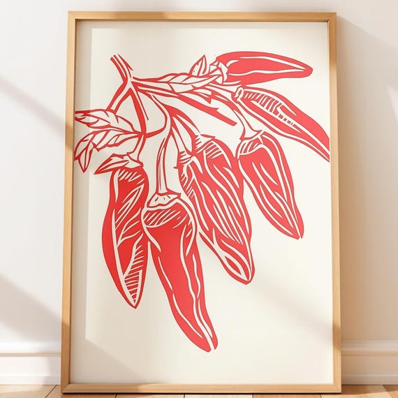 Chili Peppers Wall Art Bold Modern Kitchen Decor Farmhouse Design Graphic Red Pepper Illustration Linocut Print Boho Minimal