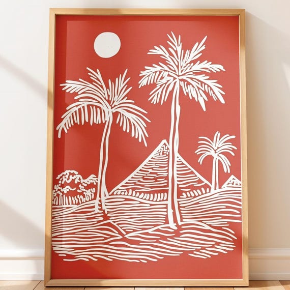 Egypt Travel Poster Print Red Desert Wall Art Pyramids And Palm Illustration Minimalist Decor Modern Line