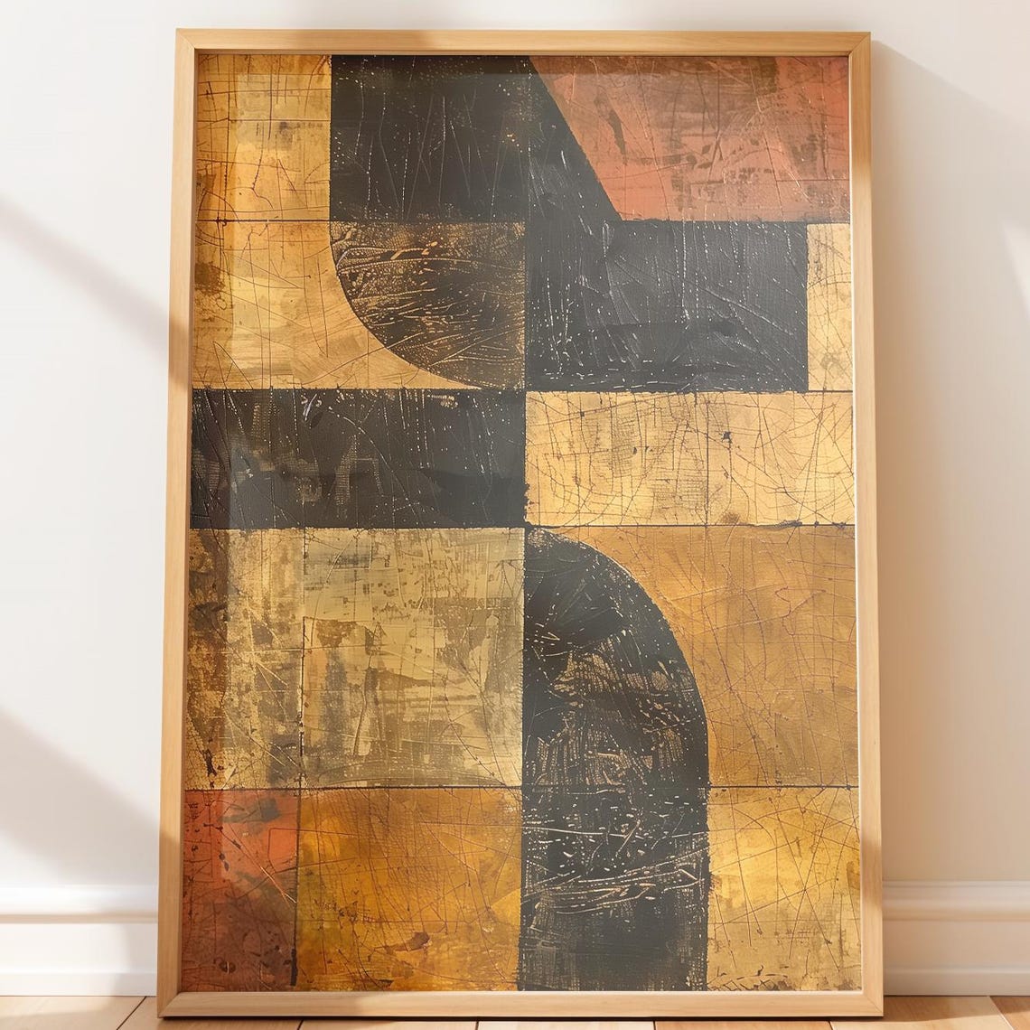 Gold Black Geometric Patchwork Arches Textured Abstract Poster