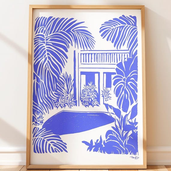 Tropical Botanical Garden Print Serene Monochrome Coastal Art Modern Minimalist Villa Illustration Lush Pool Scene Linocut