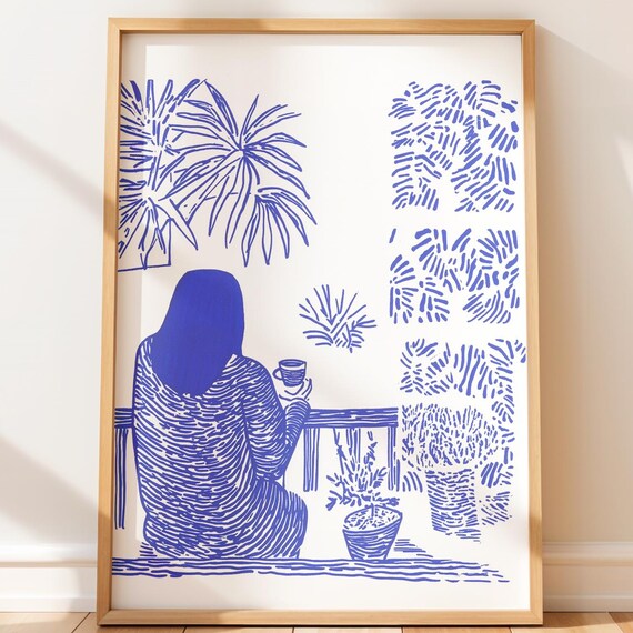 Blue Monochrome Cozy Balcony Woman Coffee Illustration Print