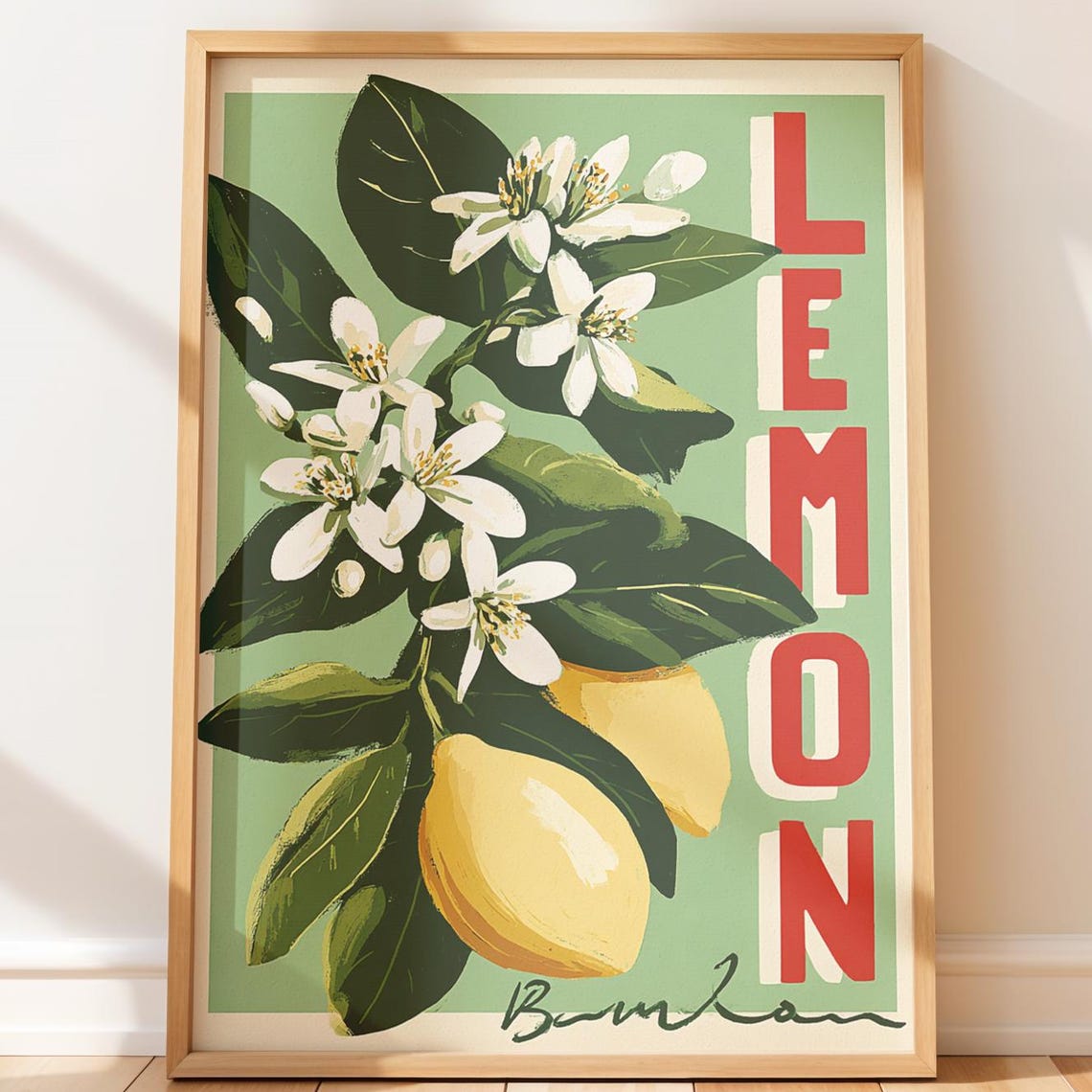 Vintage Lemon Branch Retro Botanical Poster Bold Lemon Typography