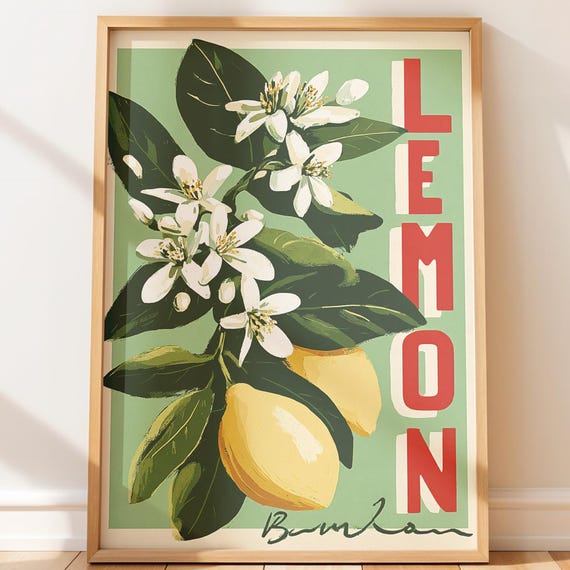 Vintage Lemon Branch Illustration Retro Travel Poster Art Cheerful Wall Minimalist Decor For Home