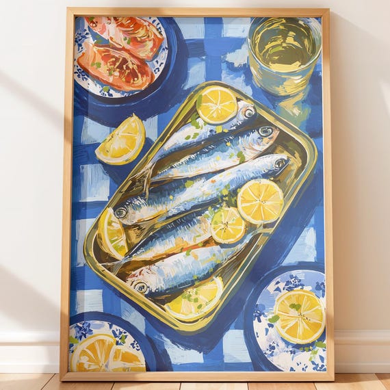 Bright Sardine Still Life Print Coastal Kitchen Wall Art Vintage Summer Decor Colorful Lemon
