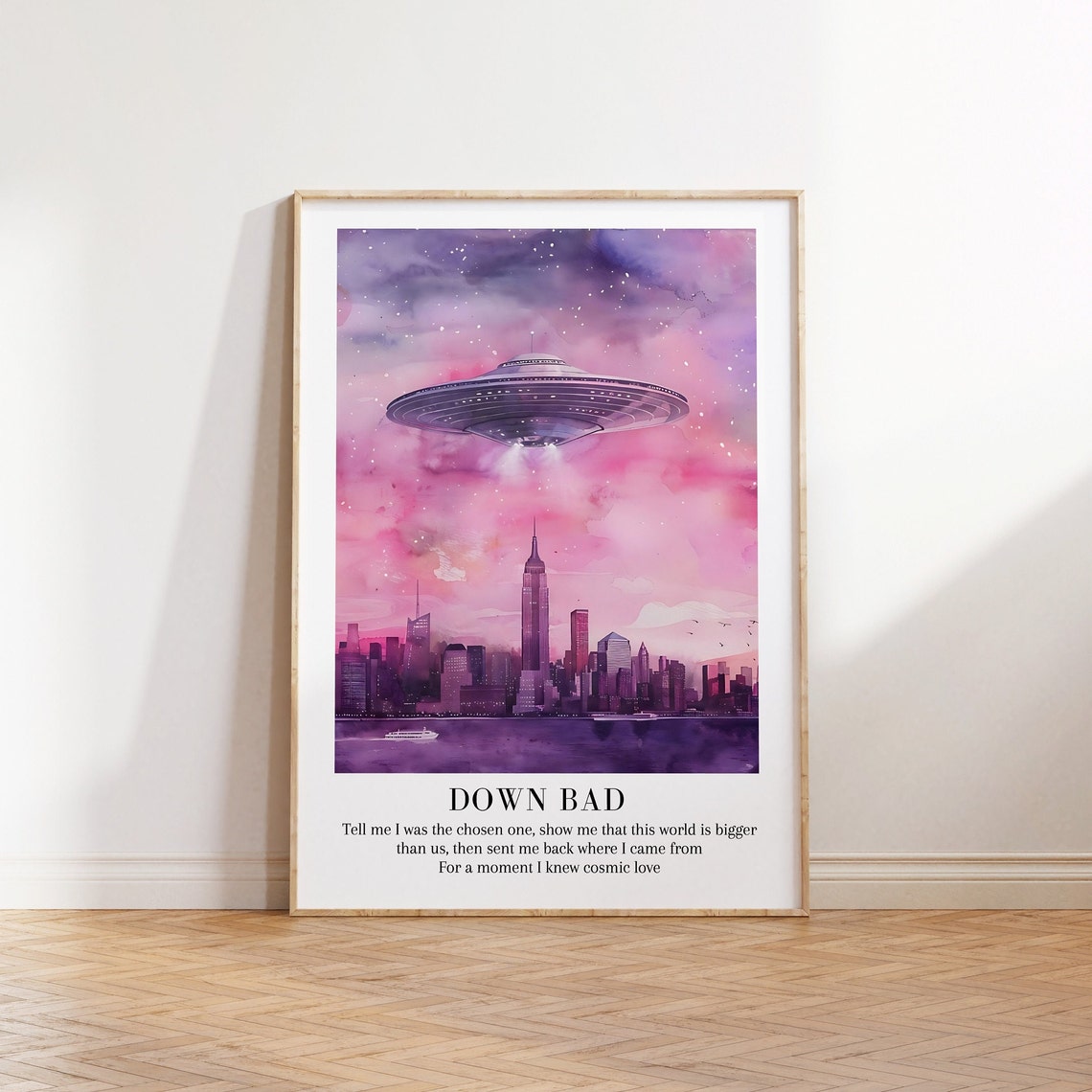 Taylor Swift Down Bad Lyrics UFO Pink Cosmic City Skyline Art Poster