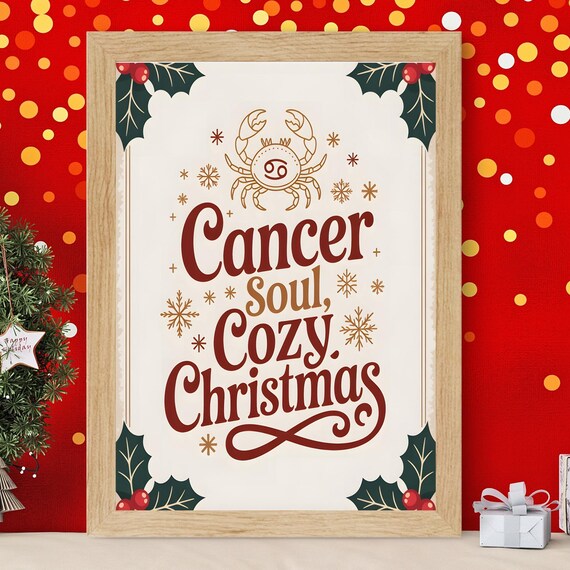Cancer Soul Cozy Christmas Festive Zodiac Typography Poster Crab Art