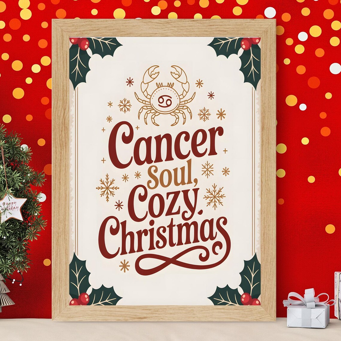 Cancer Soul Cozy Christmas Festive Zodiac Typography Poster Crab Art