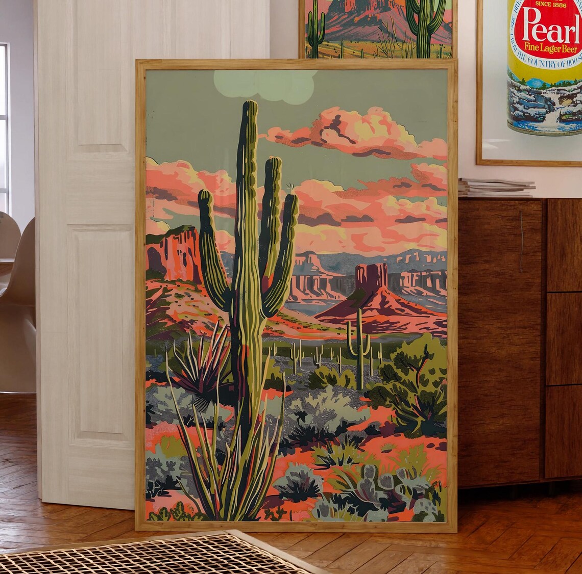 Vintage Cactus Desert Sunset, Southwestern Art Print