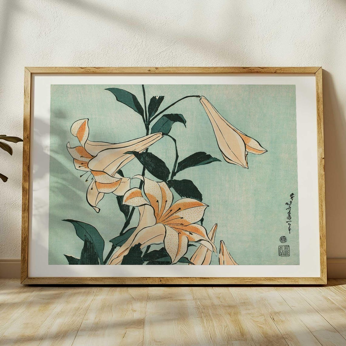 Katsushika Hokusai Print Lilies Wall Art Japanese Ukiyo E Art Vintage Japan Wall Decor Woodblock Style Japandi Print