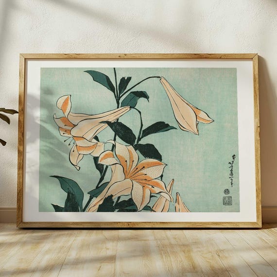 Katsushika Hokusai Print Lilies Wall Art Japanese Ukiyo E Art Vintage Japan Wall Decor Woodblock Style Japandi Print