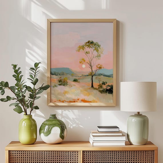 Sunset Tree Landscape Print Golden Hour Meadow Minimalist Nature