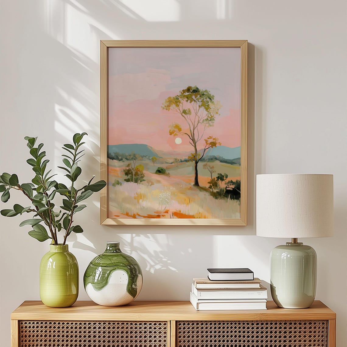 Golden Hour Sunset Tree Pastel Meadow Minimalist Landscape Art Poster