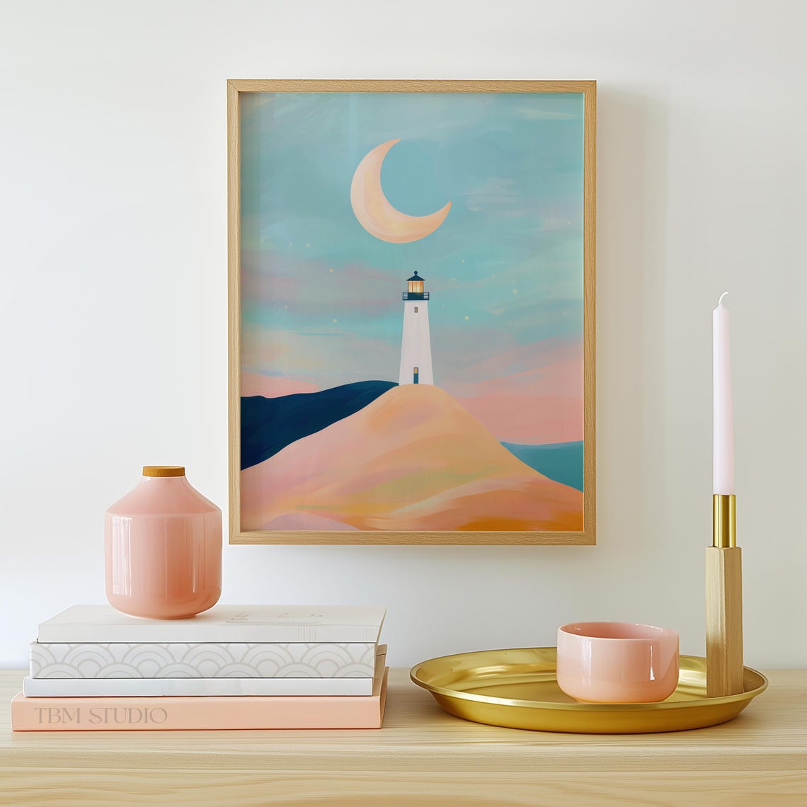Pastel Lighthouse Crescent Moon Coastal Sunset Modern Art Poster