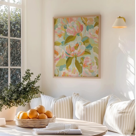Abstract Pink Floral Blossoms Teal Leaves Cheerful Modern Art Poster