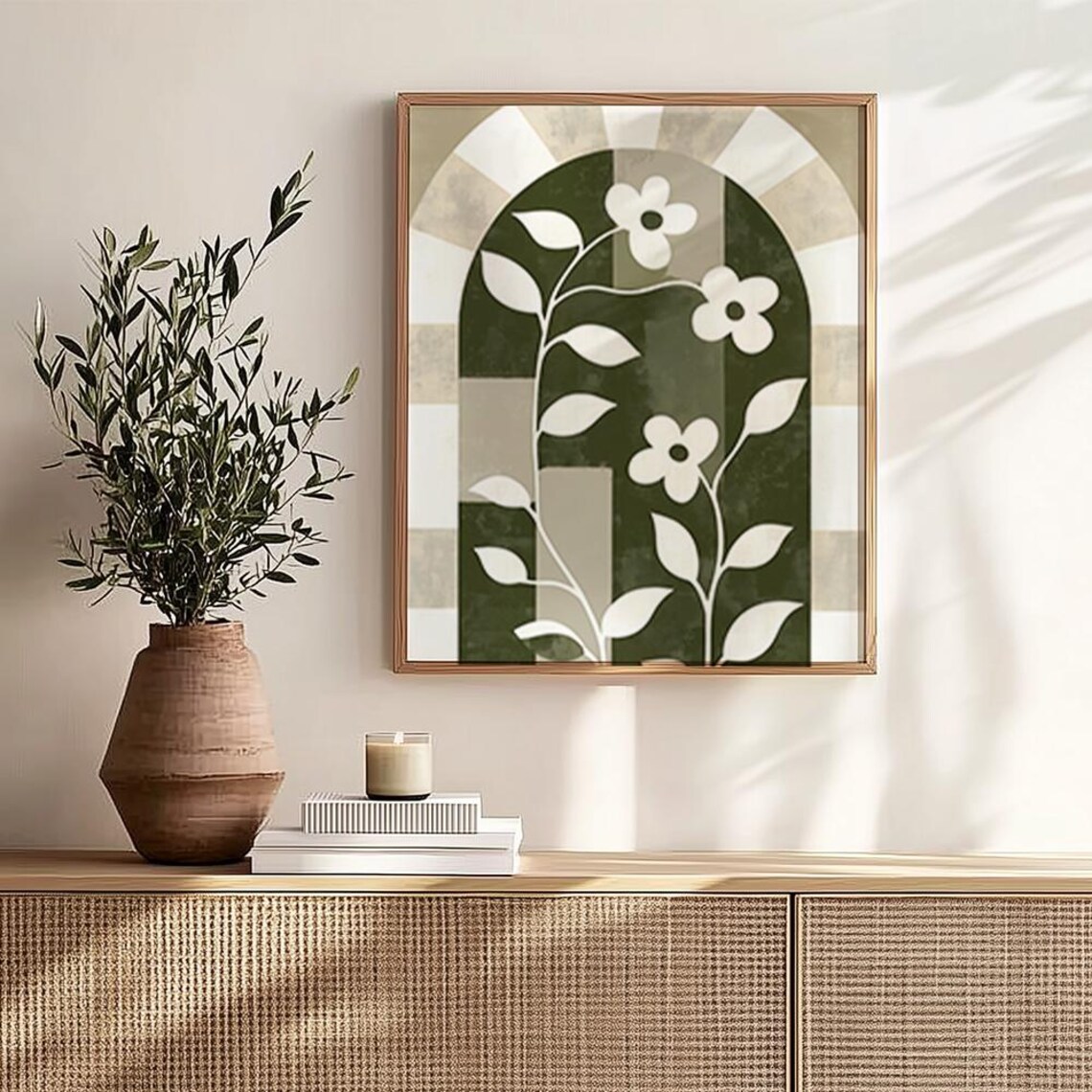 Earthy Green Arch with White Flowers Boho Botanical Art Poster - Image 2