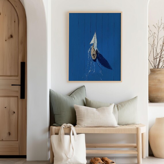Aerial Sailboat On Deep Blue Ocean Minimalist Coastal Art Print