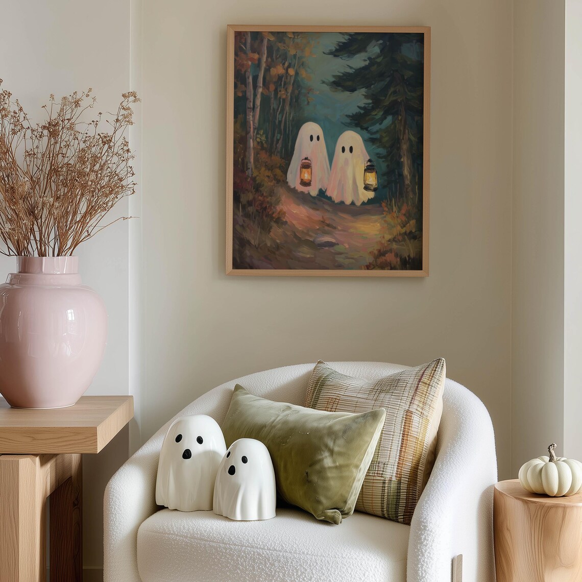 Cute Ghosts With Lanterns Autumn Night Forest Whimsical Art Poster