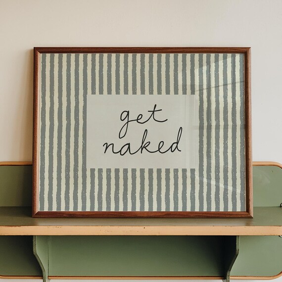 Get Naked Print Retro Striped Wall Art Green Bathroom Decor Digital Download Horizontal