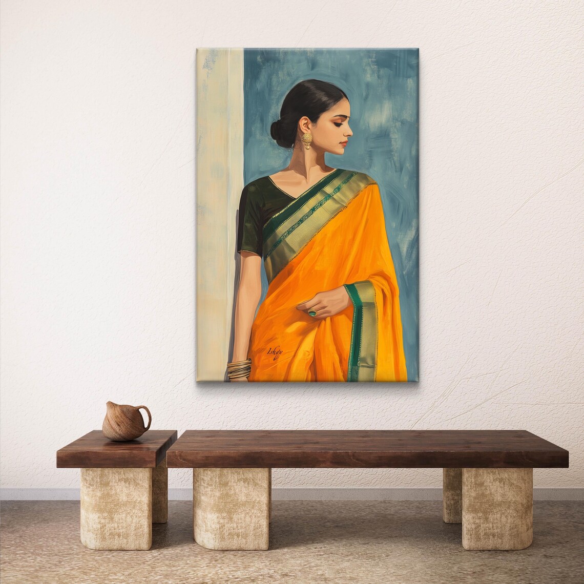 Elegant Indian Woman in Orange Saree Cultural Portrait Painting Poster - Image 6
