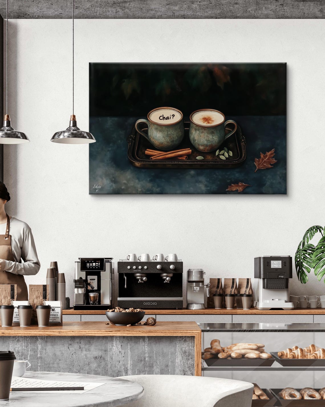 Two Steaming Chai Mugs Cinnamon Sticks Autumn Leaves Kitchen Poster - Image 5