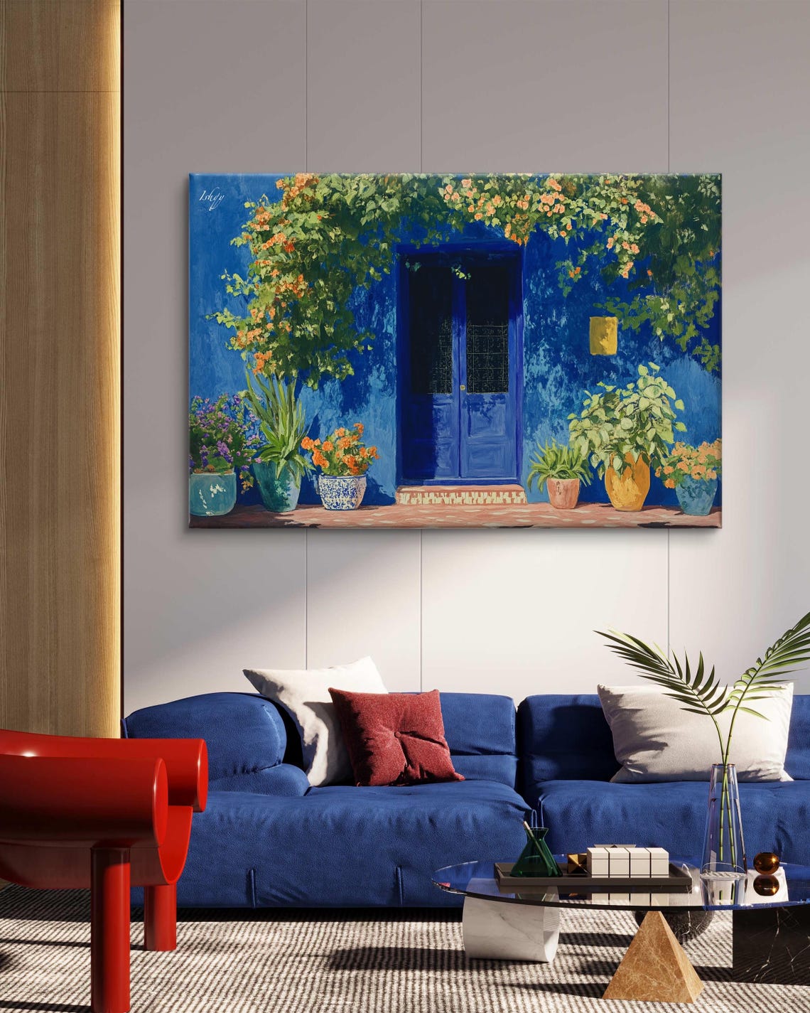 Cobalt Blue Moroccan Doorway Framed by Flowers Painting Poster - Image 5