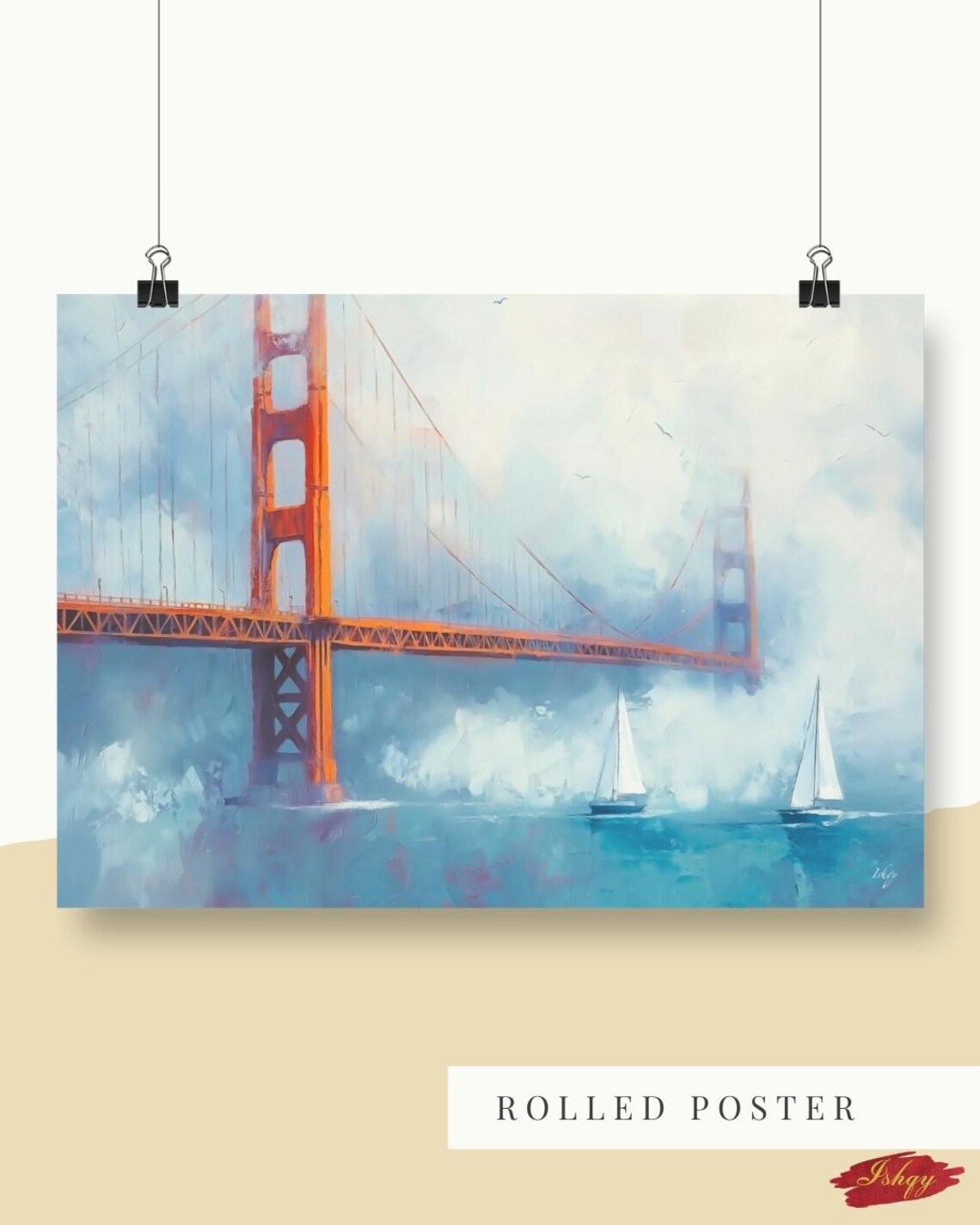 Golden Gate Bridge in Morning Fog with Sailboats Painting Poster - Image 5