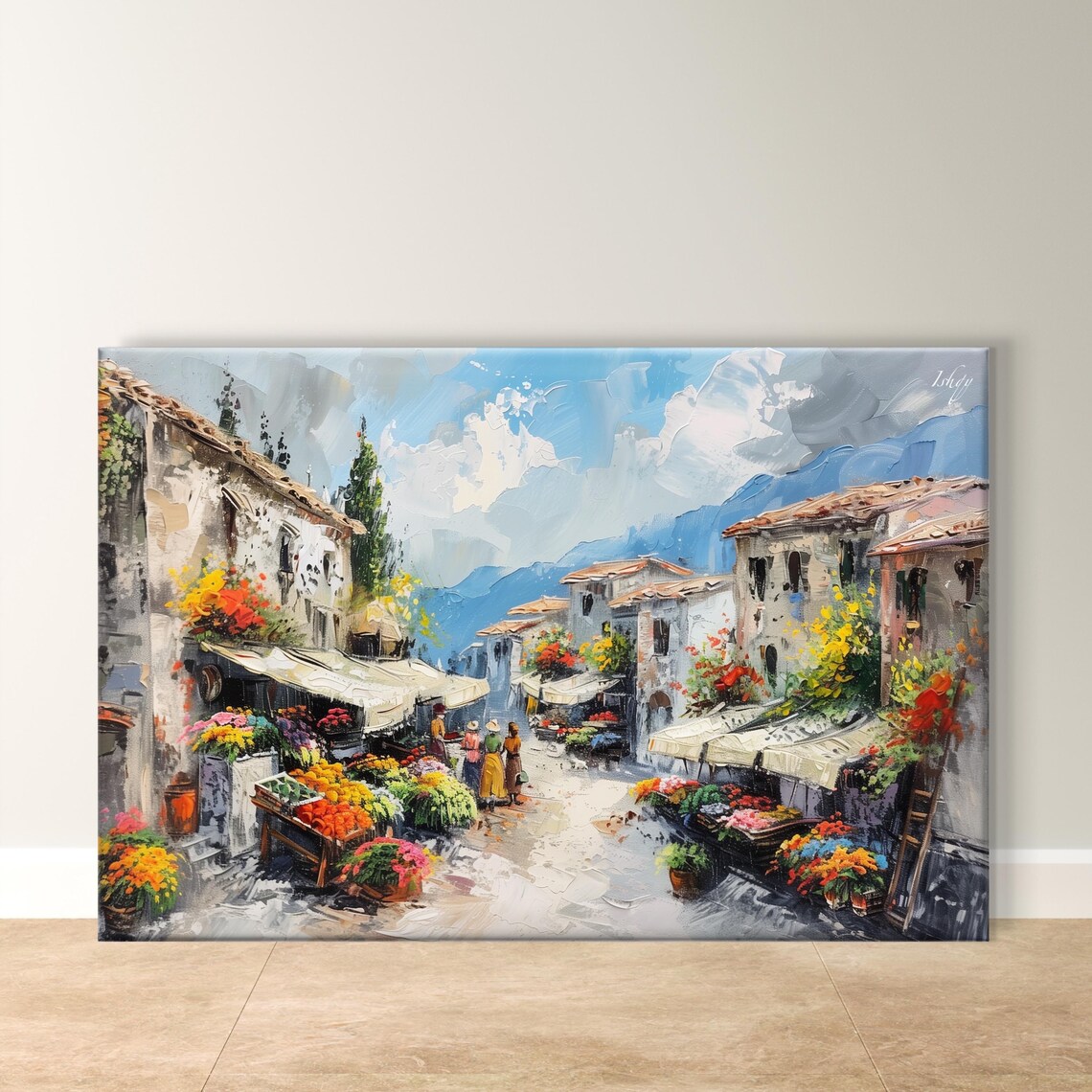 European Flower Market Village Street Stalls Bold Impasto Poster