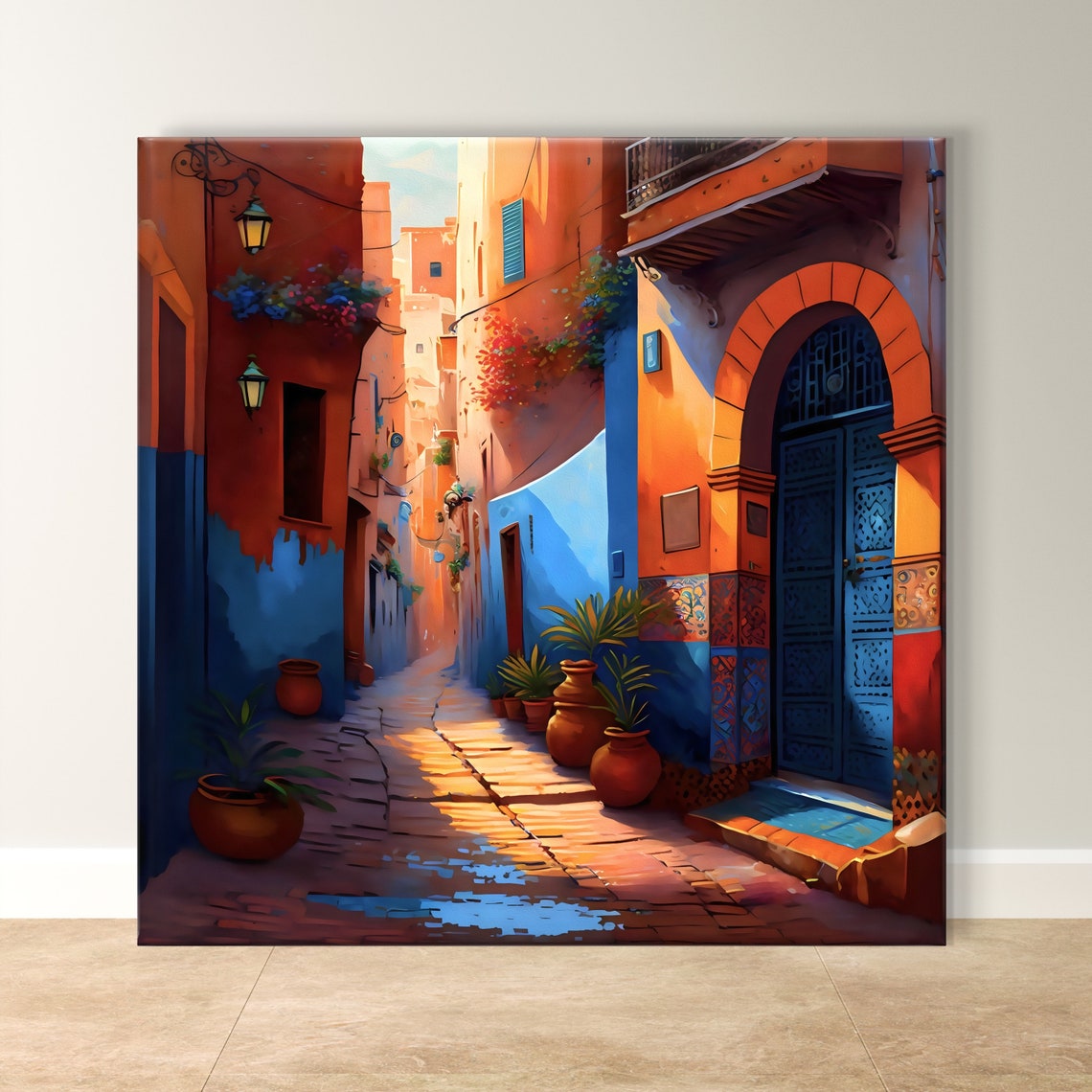 Moroccan Medina Alley With Blue Doors and Lanterns Travel Poster