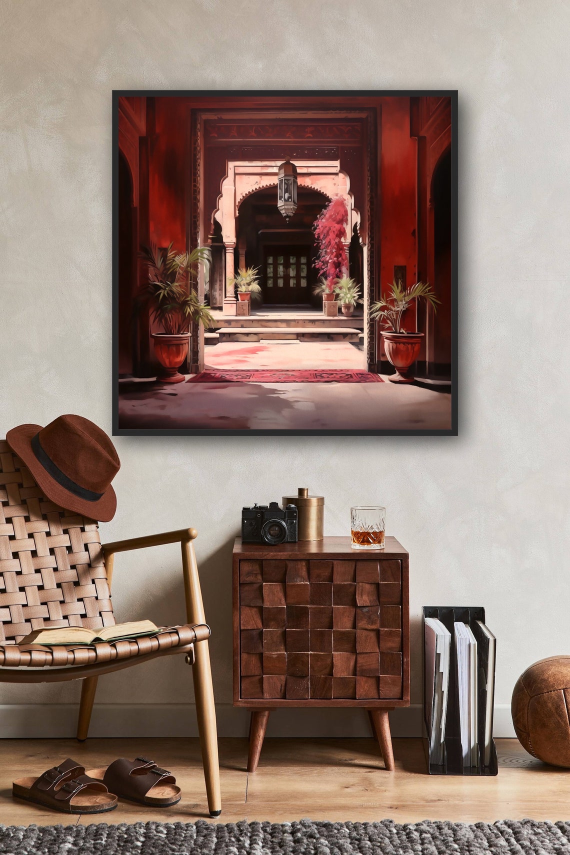Indian Haveli Arched Entrance with Lantern in Red Tones Poster - Image 3