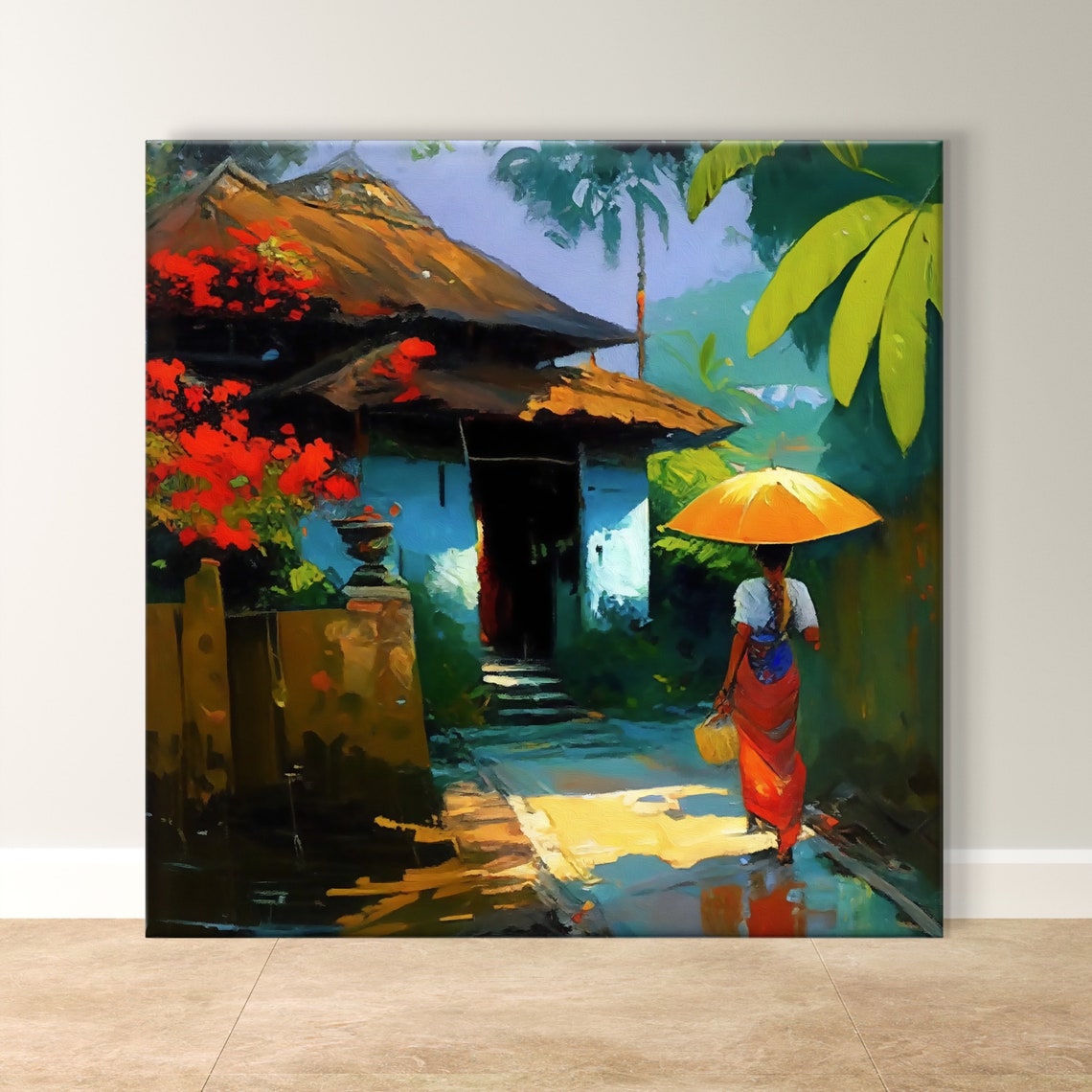 Vibrant Tropical Bali Village Scene With Thatched Cottage Poster