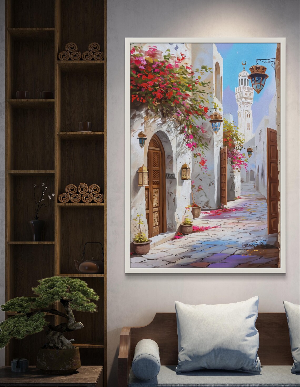 Muscat Oman Old Street Minaret Lanterns Bougainvillea Art Poster - Image 3