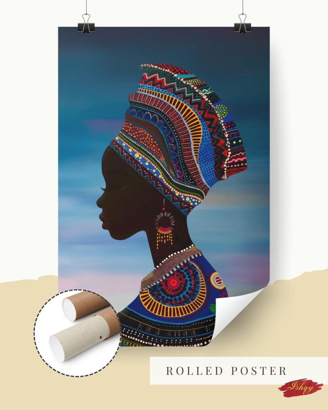 African Woman Profile with Patterned Headwrap Tribal Portrait Poster - Image 6