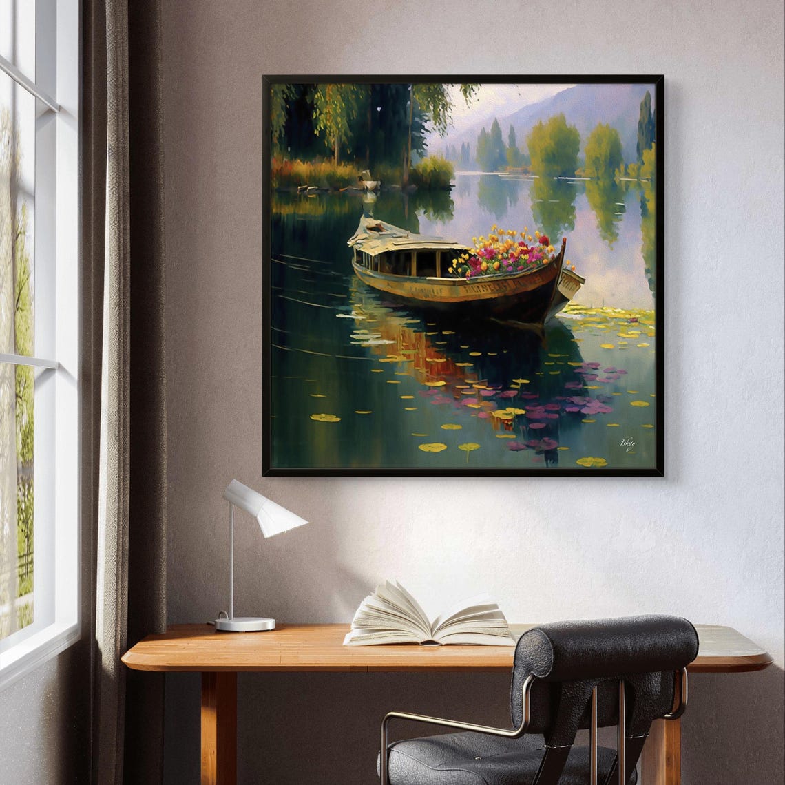 Shikara Flower Boat Gliding Past Lily Pads Lake Scene Art Poster - Image 3