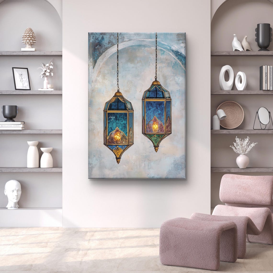 Two Moroccan Stained Glass Lanterns Hanging Still Life Painting Poster - Image 5