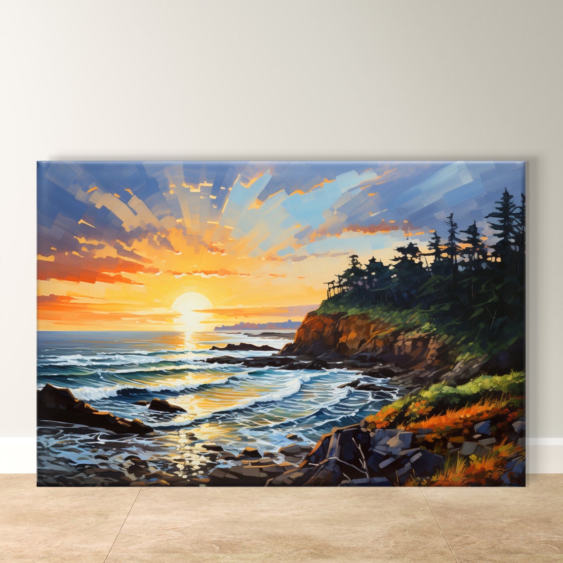 Oregon Coast Sunset Cliffs Pine Trees and Crashing Waves Poster