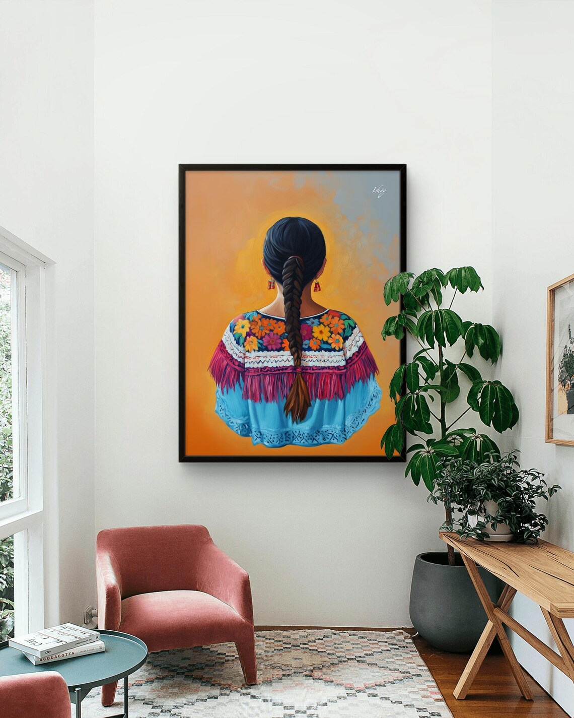 Oaxacan Woman in Colorful Embroidered Blouse Back View Poster - Image 2